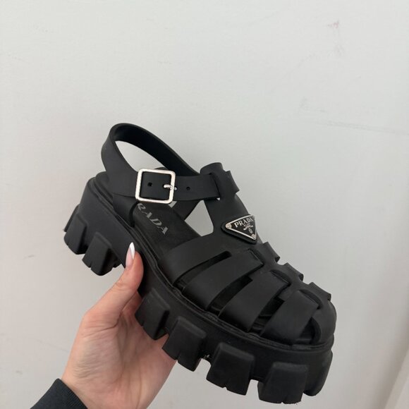 Prada Monolith Platform Sandals Black Strappy Cage Vamp Foam Rubber Sz 38 - Picture 4 of 11